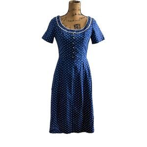 VTG Blue White Floral Dirndl Style A-Line Short Sleeve Midi Dress Women’s XS/S